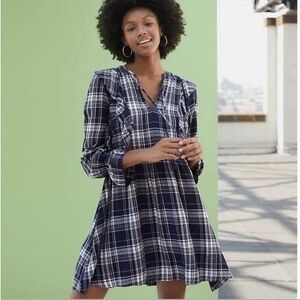 NWT Ann Taylor LOFT Dress Plaid Long Sleeve Blue Pink Ruffle V Tie Neckline